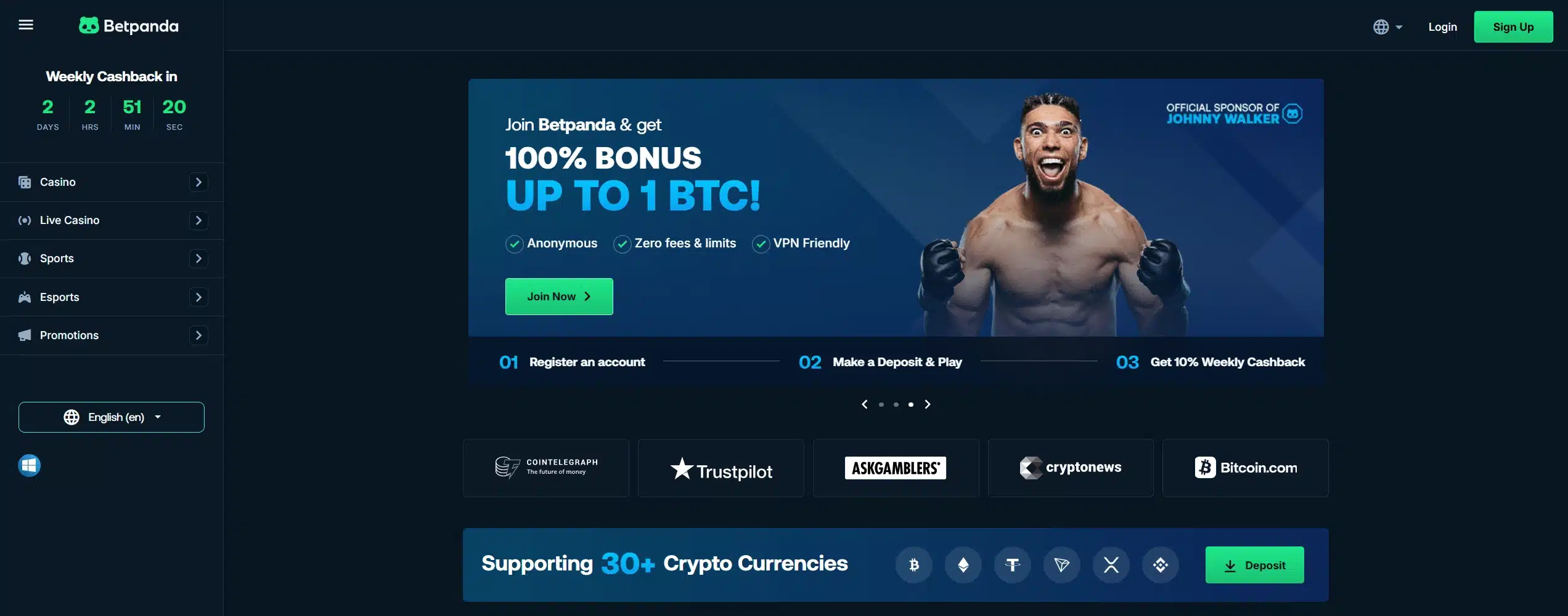 Betpanda frontpage with banner showing a 100% bonus up to 1 BTC