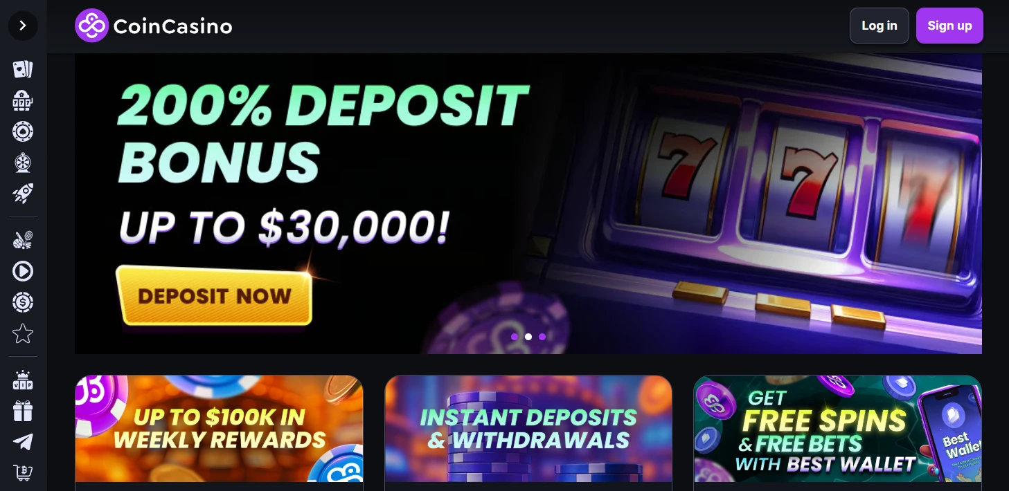 Coincasino frontpage with banner showing a 200% deposit bonus to $30,000