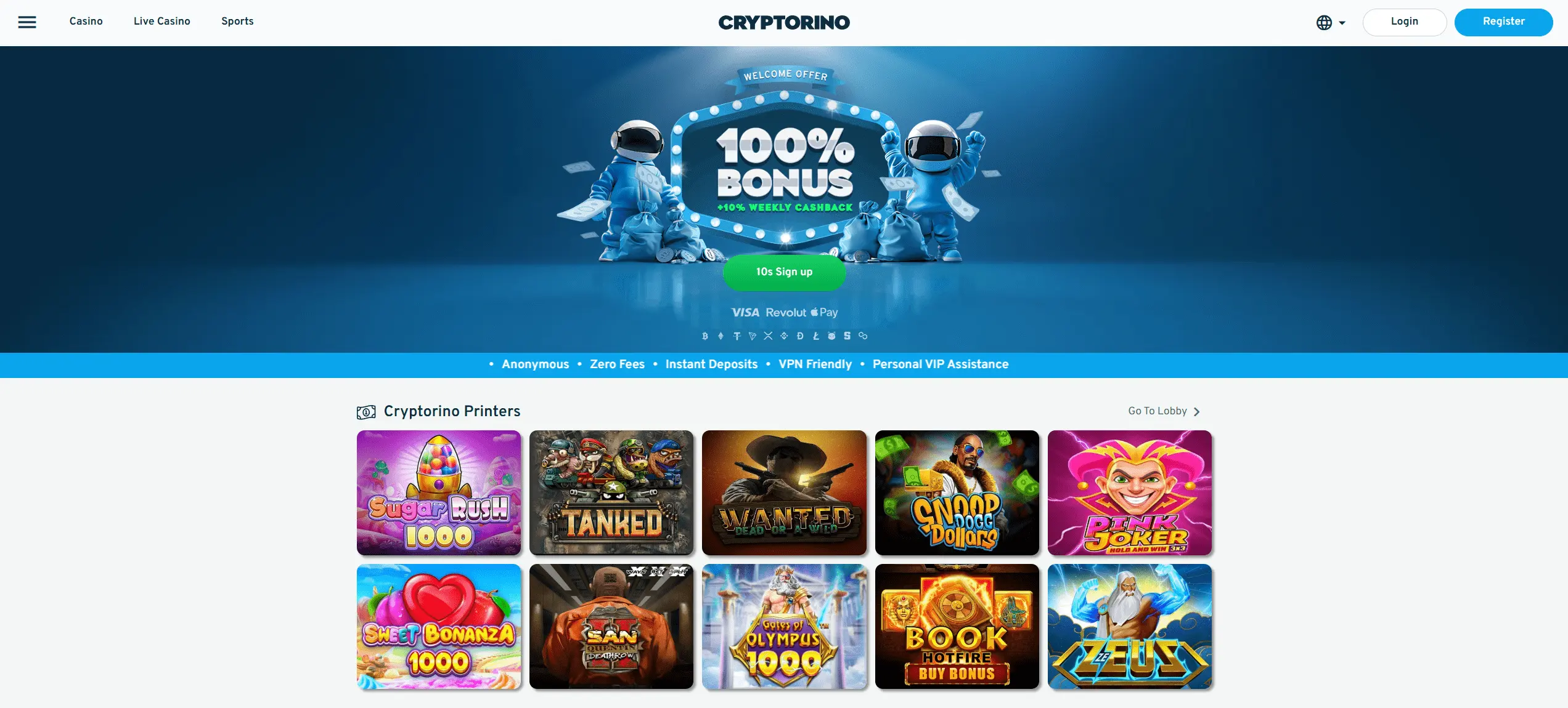 Cryptorino frontpage with banner showing a 100% bonus and popular games